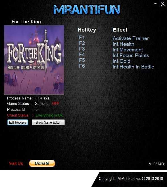 Трейнеры к For the King: бессмертие, деньги, бесконечные патроны